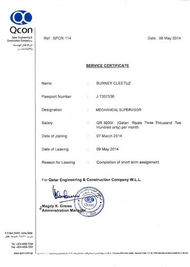 experience letter quality control VisualCV  Cleetuz Burney  Engineer Mechanical